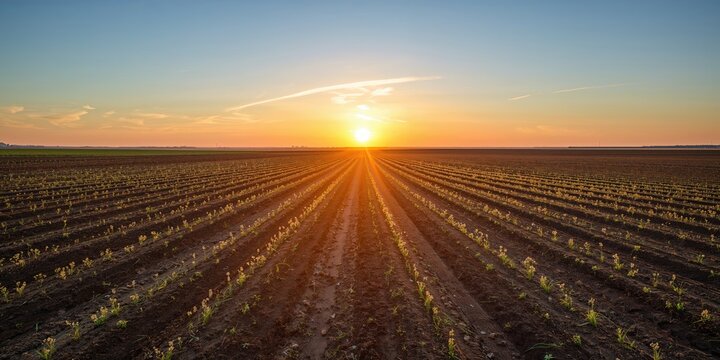 Plowed and planted fields at sunset, emphasizing agricultural activity and seasonal change
