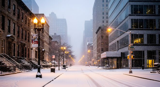 Snowy city street scene with historic buildings and street lights