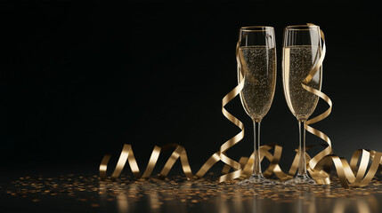Two elegant champagne flutes filled with sparkling bubbles are adorned with golden ribbons, celebrating a moment of joy and festivity against a sleek dark backdrop.