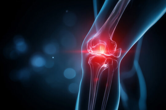 A holographic rendering of a knee joint with a red-highlighted pain area.