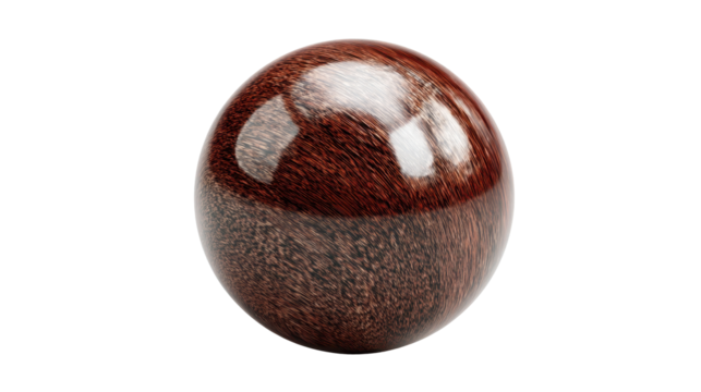 Glossy wooden sphere with rich wood grain and polished reflections, realistic 3d render on transparent background for material, design, and luxury visual concepts, png