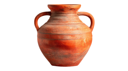 Ancient terracotta amphora showcasing rustic clay texture with two handles, representing historical earthenware craft and archaeological artifact on transparent background, png