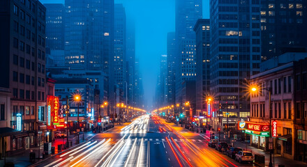 Obraz premium City street at night with car light trails and tall buildings