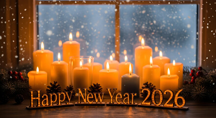 Warm candles and happy new year 2026 decoration against snowy window