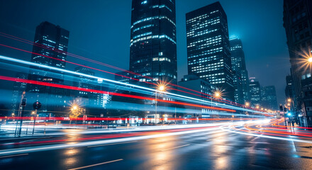 City lights and traffic trails at night in urban downtown