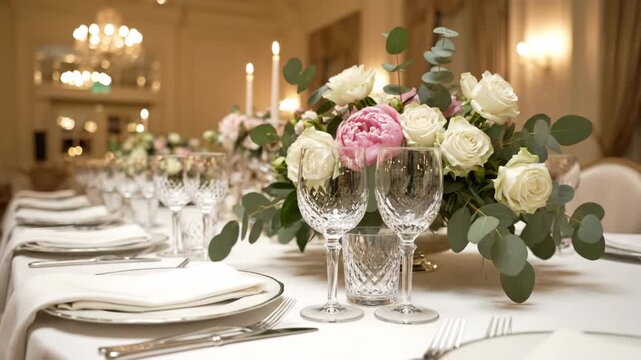 Elegant table setting with floral centerpiece and crystal glassware