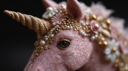 Obraz premium A pink glittery unicorn decorated with gold and white details, creating a dreamy, magical minimalist composition.