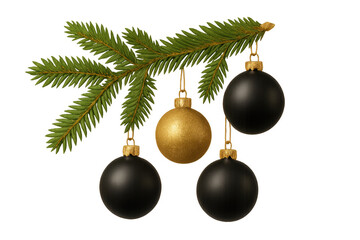 Christmas branch with black and gold ornaments and transparent background