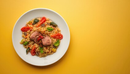 Traditional meat pilaf with vegetables served on a yellow plate, emphasizing balanced ingredients, World Food Day