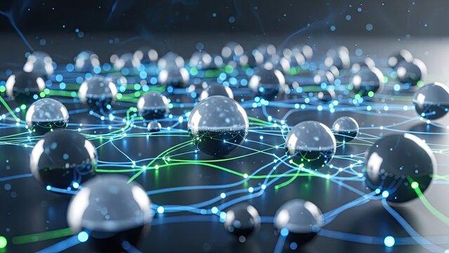 Dynamic network of interconnected spheres conveying modern technology and artificial intelligence concepts for innovative business solutions and data analytics - Powered by Adobe
