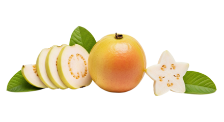 Guava Fruit Slices with Whole Fruit and Star Shaped Slice on Decorative Leaves