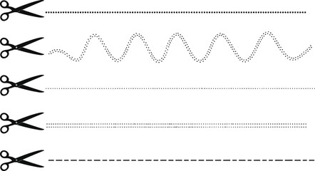 Obraz premium A set of five graphic illustrations showing various scissor-cut dashed and wavy lines on a white background, representing cutting and division