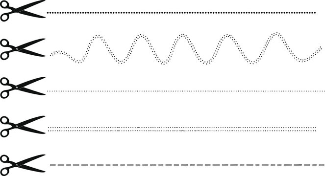 A set of five graphic illustrations showing various scissor-cut dashed and wavy lines on a white background, representing cutting and division