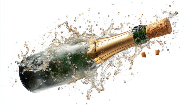 An exhilarating moment captured as a bottle of champagne erupts in a celebratory spray, bubbles and cork flying. Symbolizing moments of joy, celebration, and new beginnings.