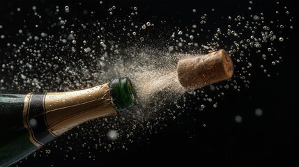 The explosive moment of celebration as a champagne bottle is uncorked, the cork bursting forth, accompanied by a dynamic display of bubbles.
