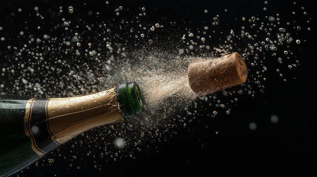 The explosive moment of celebration as a champagne bottle is uncorked, the cork bursting forth, accompanied by a dynamic display of bubbles.