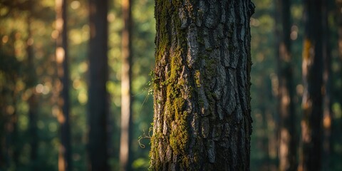 Obraz premium Pine tree bark with moss in a forest setting, emphasizing seasonal greenery