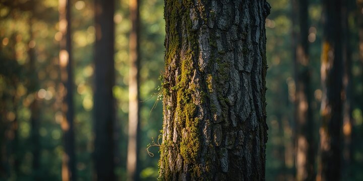 Pine tree bark with moss in a forest setting, emphasizing seasonal greenery - Powered by Adobe