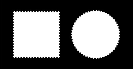Backdrops for postcards, letters, empty borders. Postage stamp template frames. Circle or oval and rectangular blank vintage stamps. Coupons, label, tags, boxes with wavy, wiggly perforated edges.