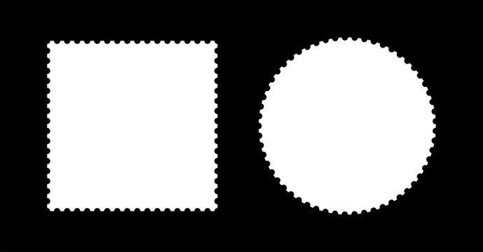 Backdrops for postcards, letters, empty borders. Postage stamp template frames. Circle or oval and rectangular blank vintage stamps. Coupons, label, tags, boxes with wavy, wiggly perforated edges.
