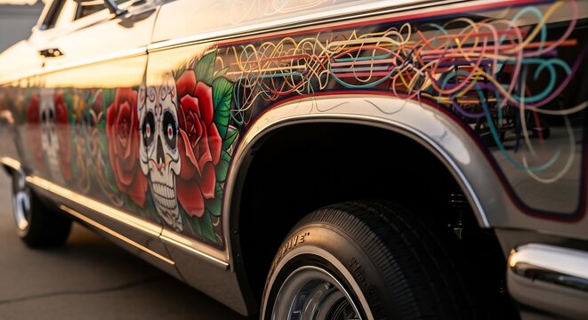 Fototapeta Lowrider Chrome Reflecting Barrio Mural — Chicano Art Detail