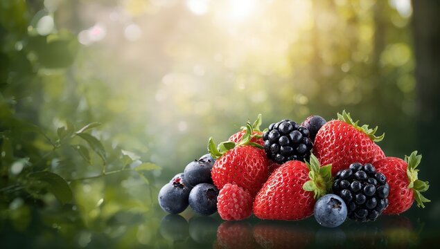 Fresh berries on an abstract background serve as a colorful food ingredient backdrop for layout design
