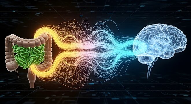 Illustration of gutâ€“brain axis showing intestinal tract connected to brain by neural and biochemical signal streams, symbolizing communication between gut microbiome and central nervous system.