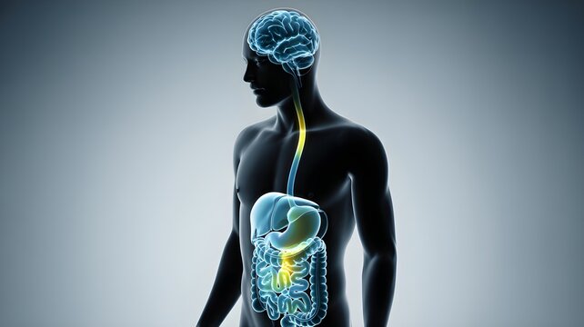 Silhouette of human with highlighted brain, spinal nerve and illuminated digestive tract representing gut brain axis communication.