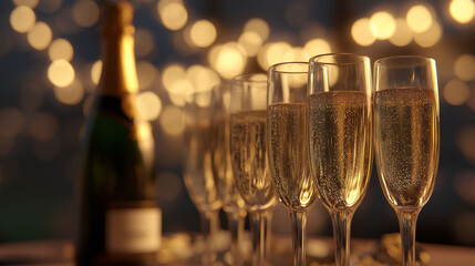 A celebratory collection of sparkling champagne flutes, exuding elegance, with a bottle of champagne, set against a backdrop of soft bokeh lights.