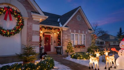 Festive suburban home glows with holiday cheer snowman and reindeer decorations sparkle - Powered by Adobe