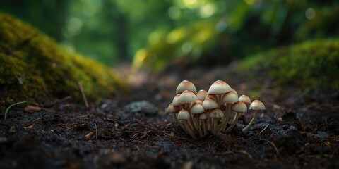 Close-up of mushroom colony in a forest setting emphasizing natural fungi growth, suitable for nature background use