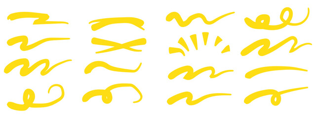 Charcoal underlines, color scribbles and wavy brush strokes. Kids hand drawn doodle squiggles, curly lines. Pencil chalk think and rough stripes, freehand crayon strikethroughs on white background 