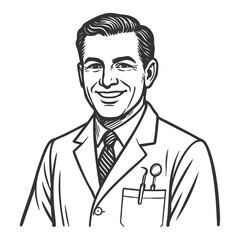 smiling male dentist in coat with dental tools, perfect for healthcare or clinic themes sketch engraving fictional character raster illustration. Scratch board. Black and white image.