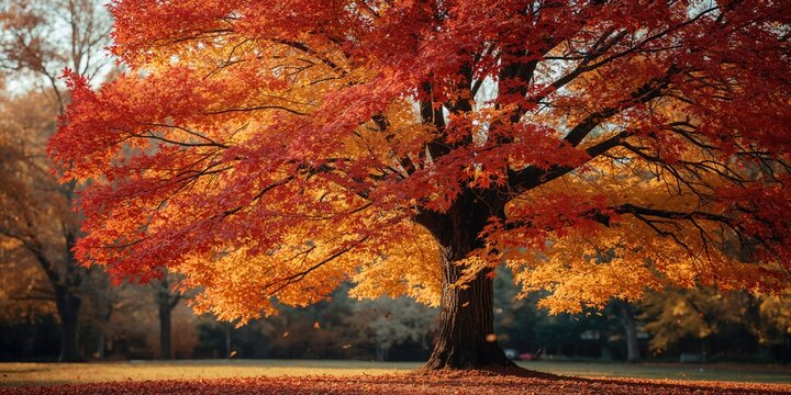 Autumn leaves background featuring colorful red foliage in a park setting, emphasizing seasonal change