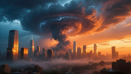 Panoramic cityscape under a massive supercell storm gigantic swirling vortex cloud formation over skyscrapers, dramatic sunset lighting with vivid orange and blue tones, reflecting warm sunlight.