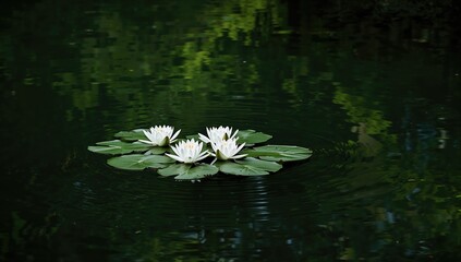 White water lilies floating on a tranquil lake, suitable for nature photography backgrounds © The 2R Artificiality