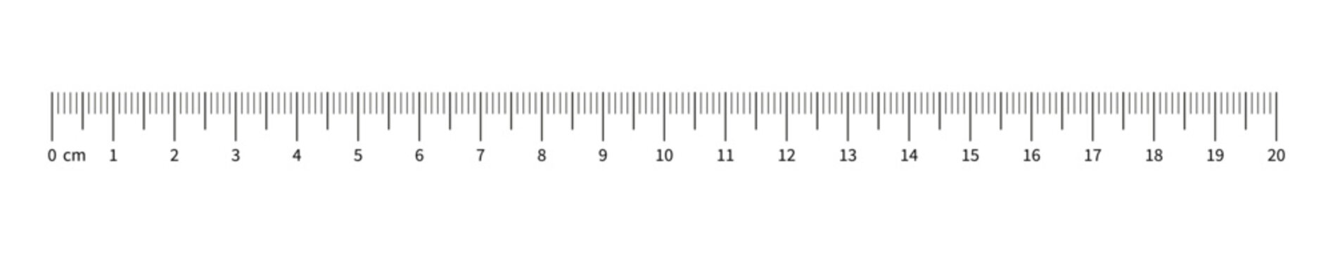 Ruler scale 20 centimeters with numbers. Measuring chart with 200 mm. Ruler scale, sewing tool template with numbers. Length measurement height, distance, math.
