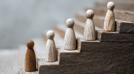 Wooden figures climb rustic stairs symbolizing progress, growth, and the journey to success in business and personal development goals