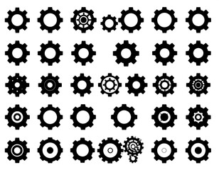 Collection of Black Gear Icons on White Background.