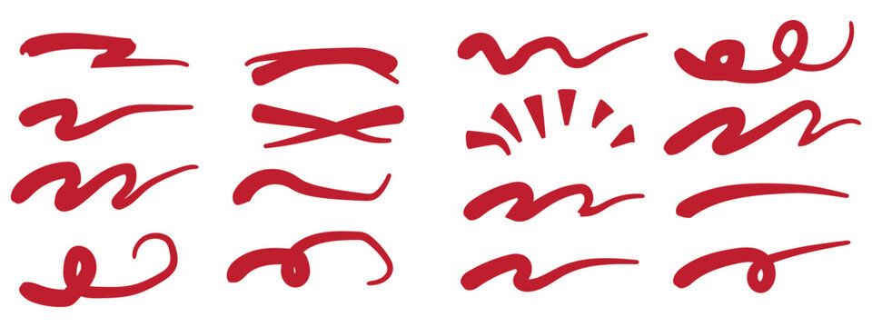 Line marker red underline set. Hand drawn red pen and brush stroke with underline accent, swoosh detail and squiggly sketch mark. vector set