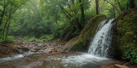 Fototapeta premium Waterfall cascading over a small water stream during monsoon season in a hill station, emphasizing erosion risk, Maharashtra monsoon