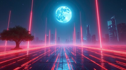 Fototapeta premium Sci-fi landscape glowing neon battlefield between red and blue energy beams, , perspective motion blur with dynamic light trails, city skyline under a bright full moon and starry galaxy.