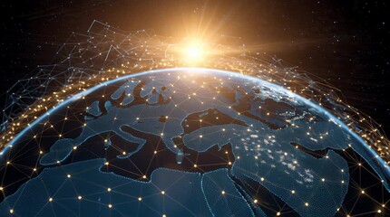 Earth with network connections and sunrise, illustrating global connectivity and technology. - Powered by Adobe