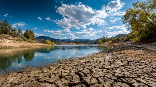 Dramatic cracked earth landscape reflecting blue sky and clouds in serene lake, showcasing drought and climate change impacts - Powered by Adobe
