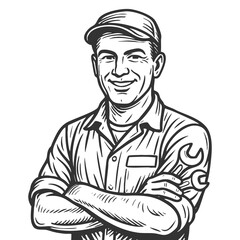 cheerful male mechanic in uniform and cap, symbolizing skilled labor and craftsmanship sketch engraving fictional character raster illustration. Scratch board. Black and white image.