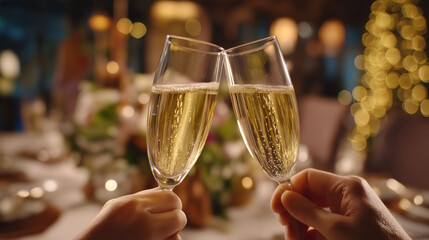 The elegant glasses of champagne clinking together, celebrating special occasions with loved ones. Toasting to success, joy, and togetherness.  