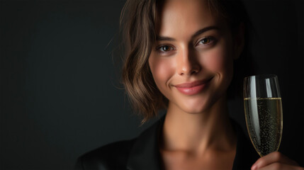 A captivating portrait of a woman raising a glass of champagne, exuding elegance and celebrating a moment of joy.
