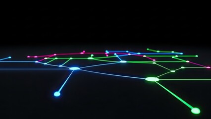 Vibrant neon network glows against dark backdrop, ideal for tech startups and modern businesses needing a contemporary and futuristic visual metaphor