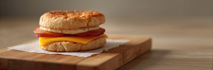 Close up of egg, ham and cheese breakfast sandwich on toasted muffins, emphasizing breakfast protein intake