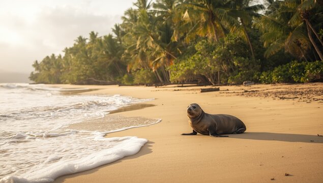 Monk seal resting on the sandy shoreline, emphasizing marine animal conservation day
